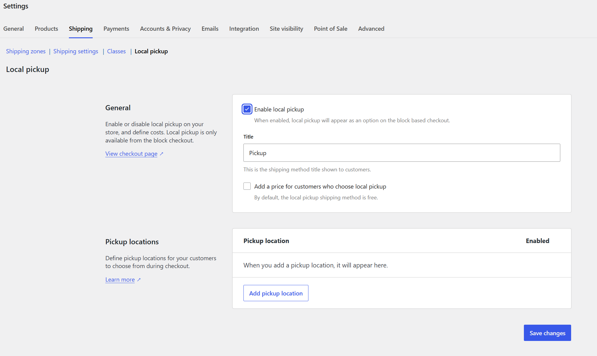 WooCommerce → Settings → Shipping → Local pickup. Block-checkout configuration screenshot; click the image to enlarge it.