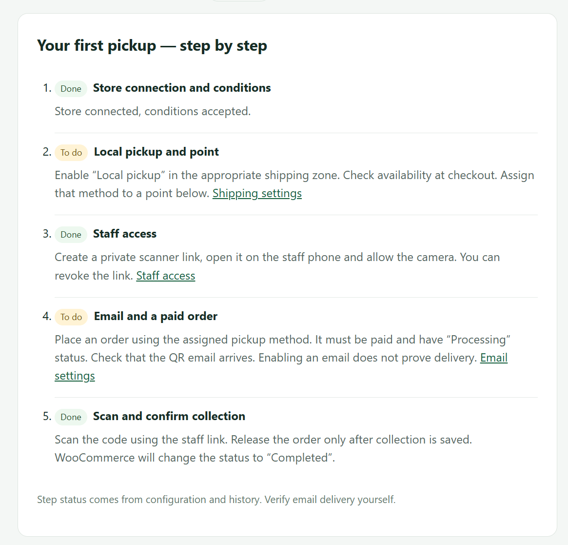 First-pickup checklist in the Radius dashboard. This is an example store configuration; your statuses depend on its settings and history. Click the image to enlarge it.